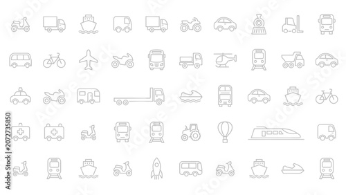 Set of simple outline transportation and vehicle icons for travel and logistics design Vector
