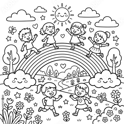 Happy children playing on a rainbow coloring page