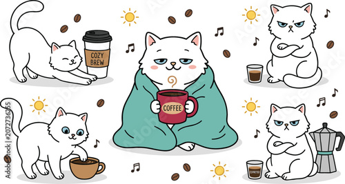 Tableau sur toile White cat coffee lover sticker set with grumpy kitten blanket moka pot mug morni