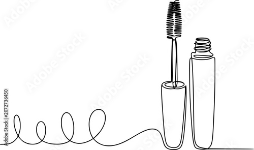 Obraz na płótnie Minimalist continuous line of a mascara wand and tube for beauty, makeup, and co