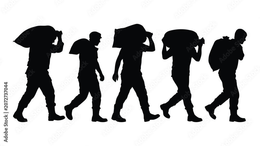 Obraz premium Black silhouettes of people walking with luggage