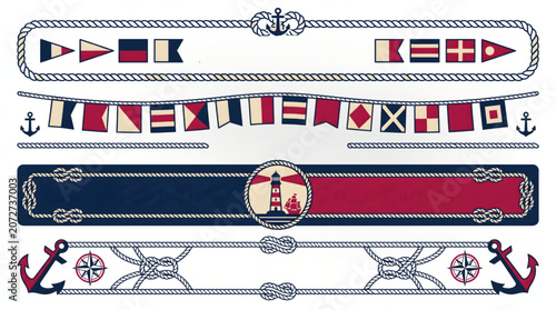 Nautical banners and borders collection with rope frames, maritime flag bunting, lighthouse emblem, compass rose, and anchors