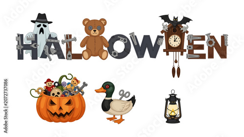 Valokuva Halloween Theme Design: A whimsical collection of Halloween-themed elements, including a ghost, teddy bear, cuckoo clock, jack-o'-lantern, wind-up duck, and a lantern