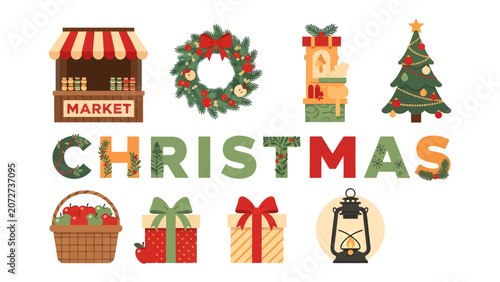 Christmas Holiday Elements: A festive collection of Christmas-themed illustrations, including a market stall, wreath, gift boxes, Christmas tree, lantern.