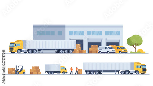 Large logistics warehouse with delivery trucks and workers loading cardboard boxes for shipping and transport service Vector