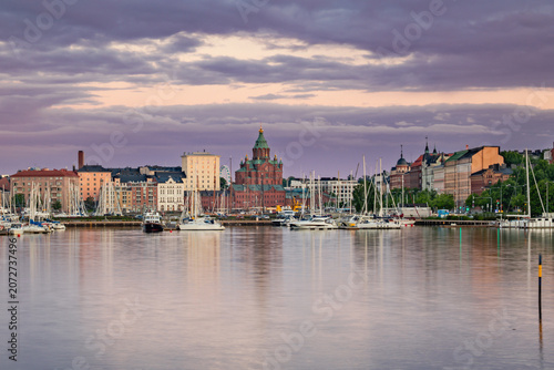 Helsinki Skyline with Uspenski Cathedral and Marina at Sunset, Finland