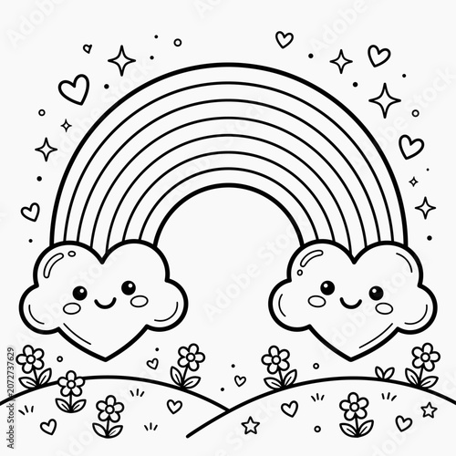 Cute Kawaii Rainbow with Heart Clouds Coloring Page