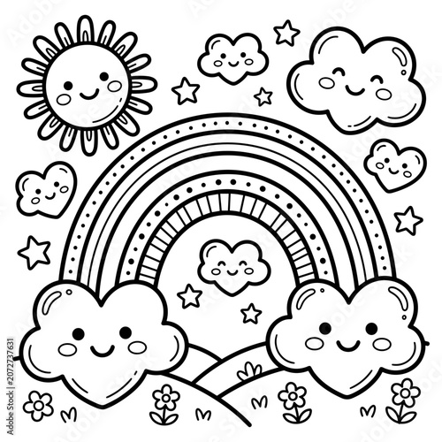 Cute Kawaii Rainbow and Sun Coloring Page for Kids