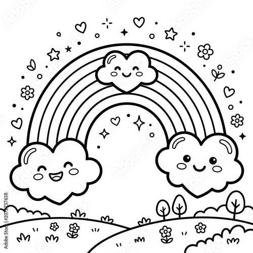 Cute Kawaii Rainbow with Smiling Heart Clouds Coloring Page