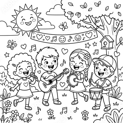Happy Children Playing Musical Instruments Coloring Page