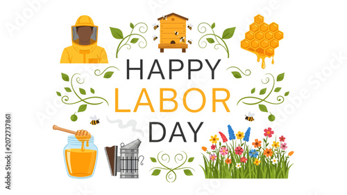 Foto Happy Labor Day Honey: Celebrate the sweet hard work of beekeepers and honey producers with this festive Labor Day design, featuring bees, a hive, honeycomb, and a jar of golden honey