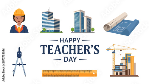 Bild auf Leinwand Elements of Engineering for Teacher's Day: A compilation of symbols representing the engineering field, including a construction worker, modern buildings, blueprints, a compass, a ruler, and a crane