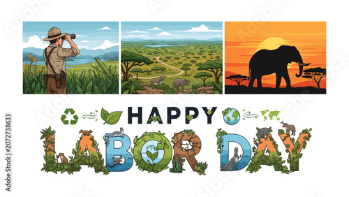 Canvastavla Happy Labor Day with African Safari Theme: A collage celebrating Labor Day with three vibrant illustrations of an African savanna landscape, featuring a safari explorer, elephants, and a sunset scene