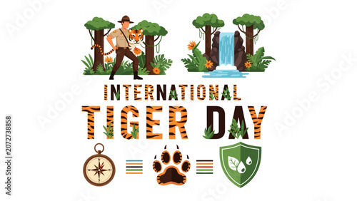 Canvas Print International Tiger Day Celebration: A vibrant illustration for International Tiger Day, showcasing a conservationist with a tiger, a waterfall in a lush forest, a compass, a tiger paw print
