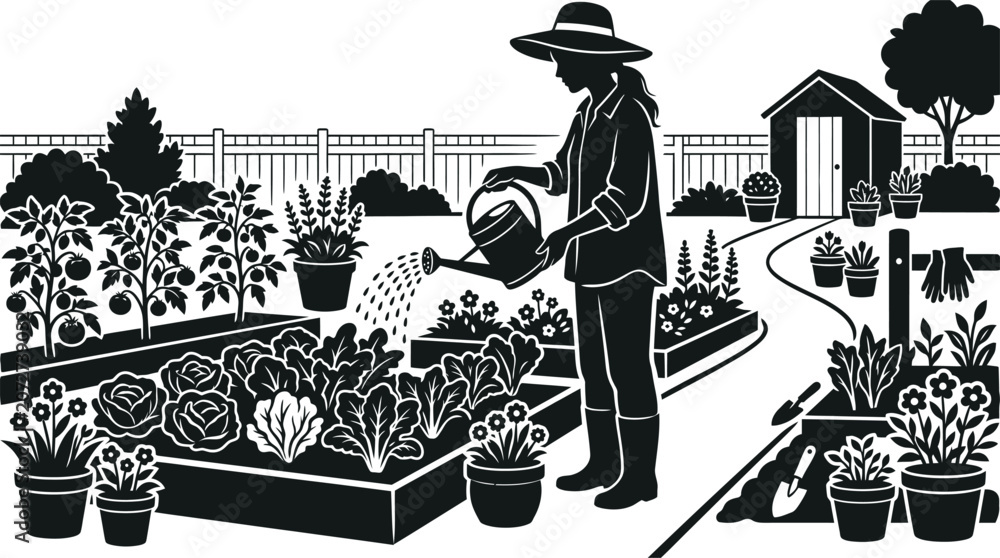 Fototapeta premium Gardener watering plants in a lush garden