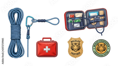 Foto Rescue Essentials: A collection of vital equipment including climbing rope, carabiner, first aid kit, and wildlife conservation badges, prepared for outdoor emergencies and adventures