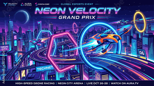 Fotografía Dynamic neon cityscape comes alive with futuristic flying vehicles in an exhilar