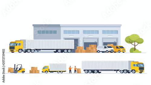 Warehouse building with delivery trucks and forklift loading cargo boxes for shipping and logistics services Vector