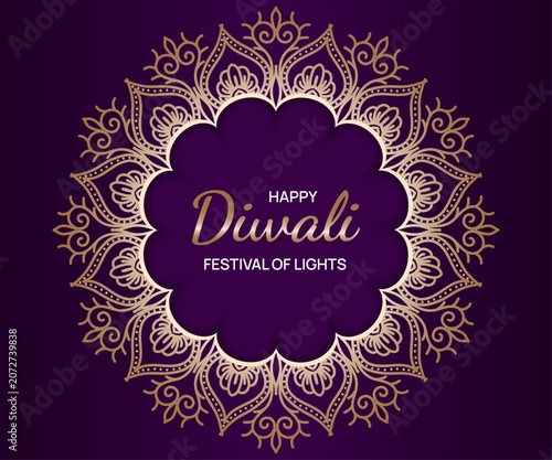 Golden luxury Happy Diwali abstract floral ornament mandala purple background. Banner design for Hindu Festival of Lights