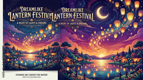Quadro em tela Enchanting Lantern Festival Illustration Featuring Floating Lights and Tradition