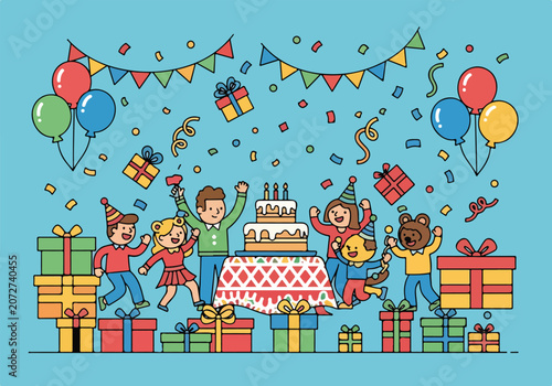 A colorful illustration of children celebrating a birthday