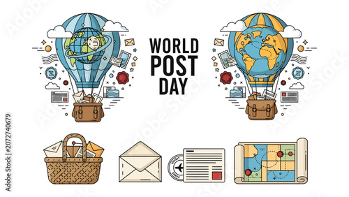 Billede på lærred World Post Day Celebration: A whimsical illustration depicting hot air balloons adorned with globes, symbolizing global connectivity and postal services