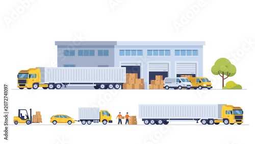 Logistic warehouse building with cargo trucks and delivery vans loading goods for shipping and distribution in a modern industrial supply chain center Vector
