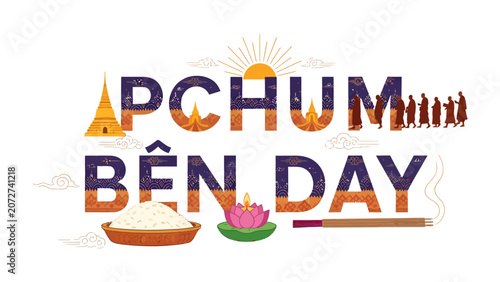 Foto Pchum Ben Festival Celebration: A vibrant graphic depicts the essence of the Pchum Ben festival with spiritual symbols and lettering, celebrating tradition and devotion