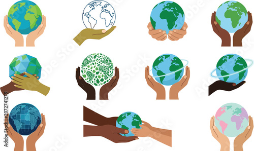 Save earth and global ecology icon set with diverse human hands holding planet world globe vector