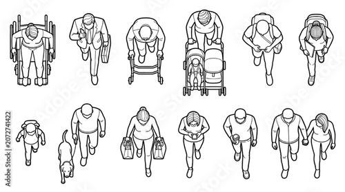 Top View Architectural CAD Inclusive Pedestrian Block Collection with Walking, Wheelchair and Family Figures
