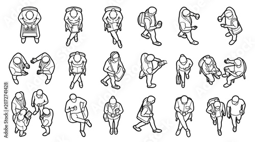 Top View Architectural CAD Lifestyle Figure Collection with Walking, Sitting and Social Activity Blocks
