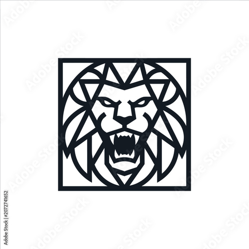 Fotografie Black outline of a roaring lion's head within a square frame