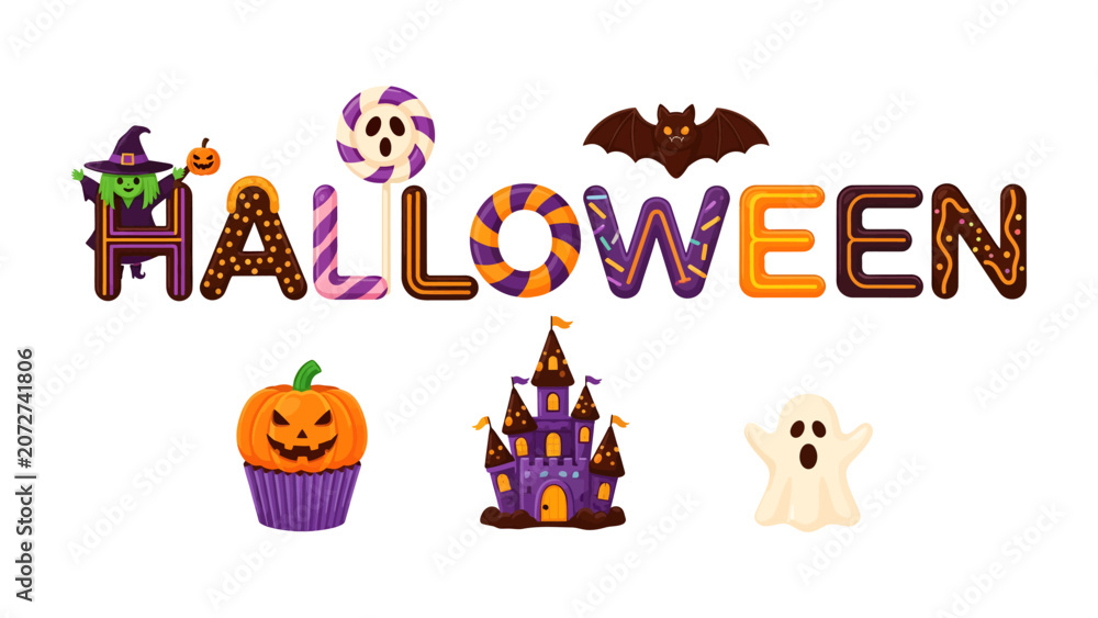 Fototapeta premium Halloween Fun Font: A vibrant and playful graphic representation of the word Halloween adorned with spooky and sweet elements, featuring a witch hat, lollipop, bat, pumpkin cupcake, haunted castle.