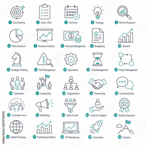 Set of thin line business icons for digital marketing and corporate management