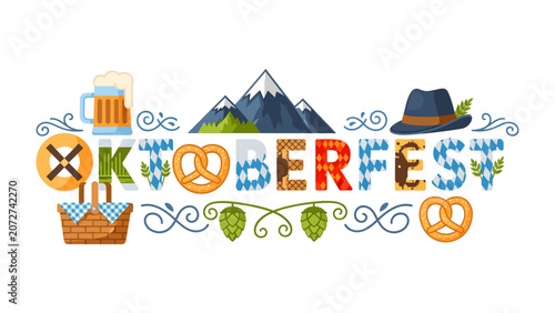 Fotografie Oktoberfest Celebration Title: A vibrant graphic illustration captures the spirit of Oktoberfest with traditional Bavarian motifs, including a beer mug, pretzels, a fedora hat, and mountain scenery