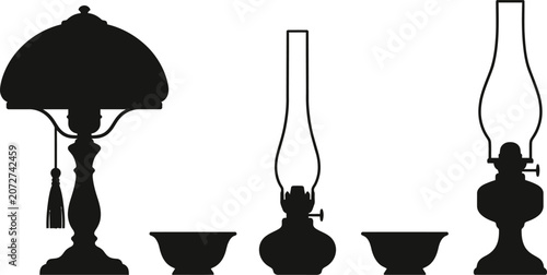 Tableau sur toile Retro Oil Lamp and Desk Lantern Vector Icon Set