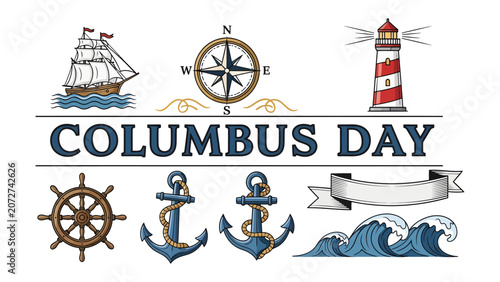 Foto Columbus Day Nautical Icons: A festive illustration celebrating Columbus Day, featuring a sailing ship, compass, lighthouse, ship's wheel, anchors, and waves