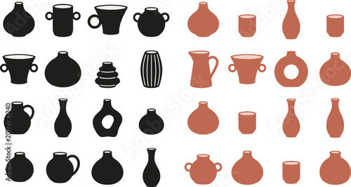 Quadro su tela Pottery and ceramic vase icon set with black silhouette and terracotta clay jug