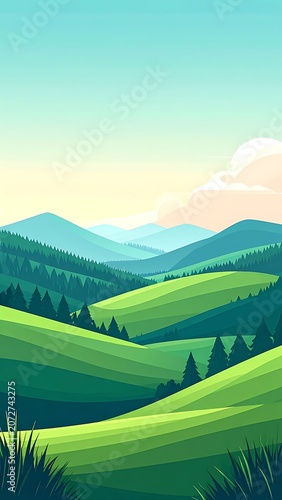 Serene green hills and mountains landscape.