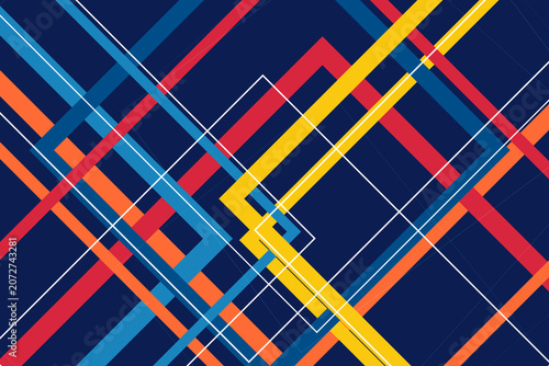 Obraz na płótnie A vibrant geometric background of interlaced ribbon lines in red, blue, and yellow, forming a sharp modern pattern with energetic, high-contrast style for design use