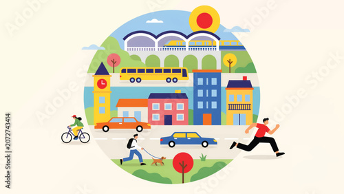 Colorful city life illustration with people walking running cycling and driving cars in a sunny urban neighborhood Vector