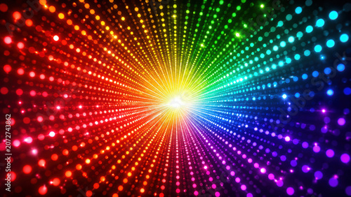Abstract rainbow light rays glowing with colorful dots on a dark background