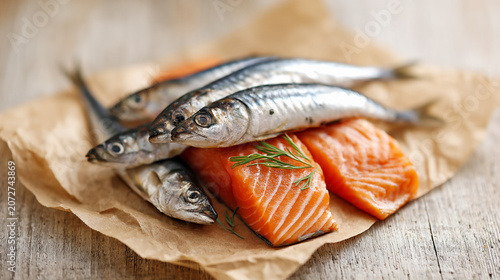 Fresh Salmon and Sardines Rich in Omega-3 Fatty Acids