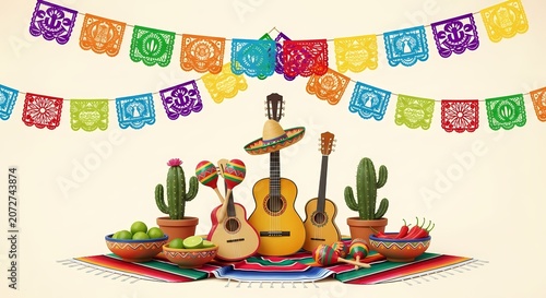 Acoustic guitars with cactus and limes under colorful bunting.