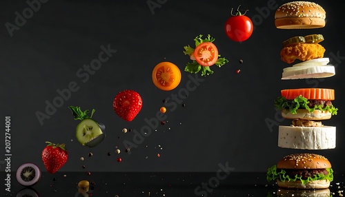 Delicious burger ingredients floating in air.
