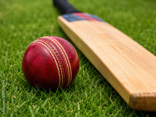Red cricket ball and a wooden cricket bat resting on the green grass field