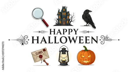 Foto Happy Halloween Graphic Elements: A festive collection of Halloween-themed illustrations including a magnifying glass, haunted house, raven, sealed envelope, lantern, and a Jack-o'-lantern