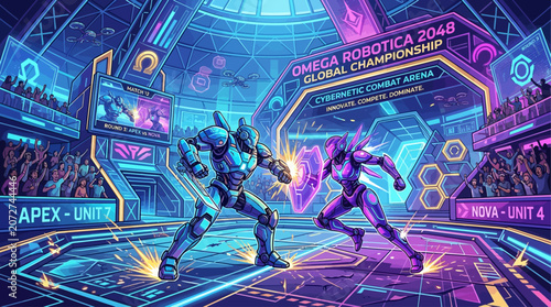 Bild auf Leinwand Dynamic Showdown of Robotic Warriors in a Neon-Lit Futuristic Arena, Intense Dig