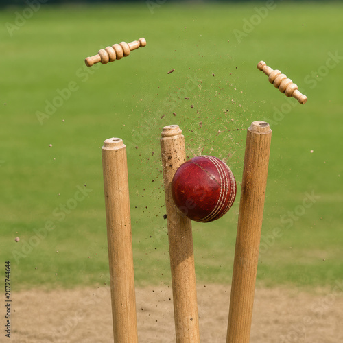 Red cricket ball hitting the wooden wickets and knocking off the bails in game