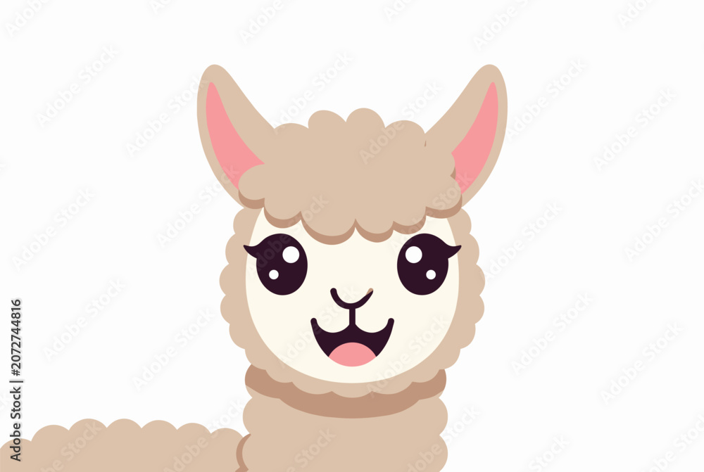 Fototapeta premium Close up portrait of a cute and happy cartoon alpaca or llama face with large expressive eyes and a friendly smile.